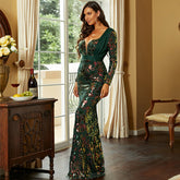 Elegant Wedding V-neck Long-Sleeved Sequined Banquet Sheath Fishtail Evening